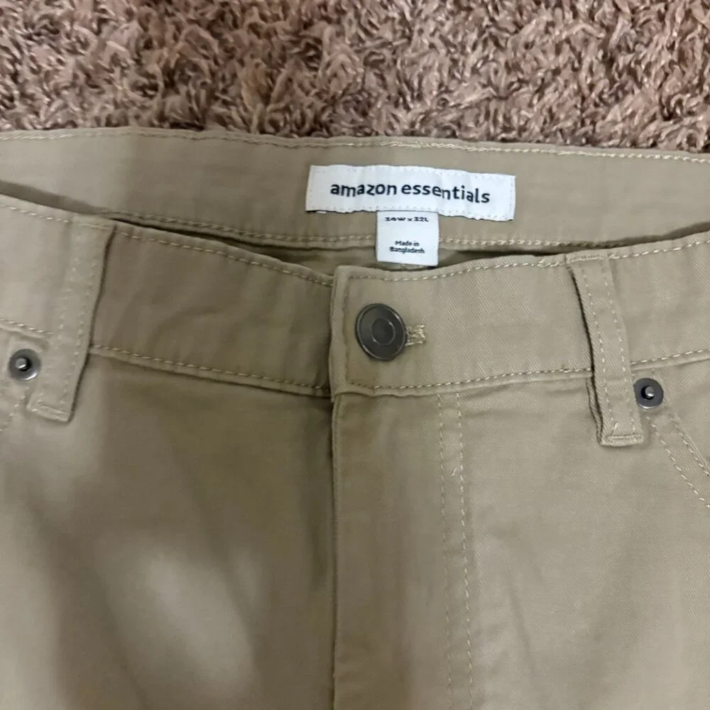 Amazon Essentials Khaki Pants W 34 L 32 Tan Beige Cotton Blend Zip Fly Straight
